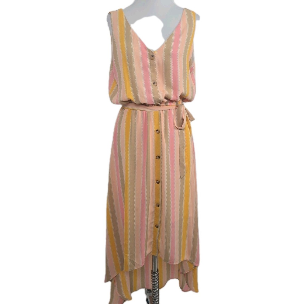 June & Hudson Large Pink Stripe Chiffon Sleeveless MIDI Dress High Low Hemline L